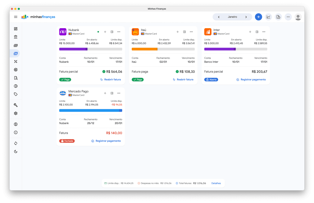 Tela desktop do Minhas Finanças com análises e indicadores