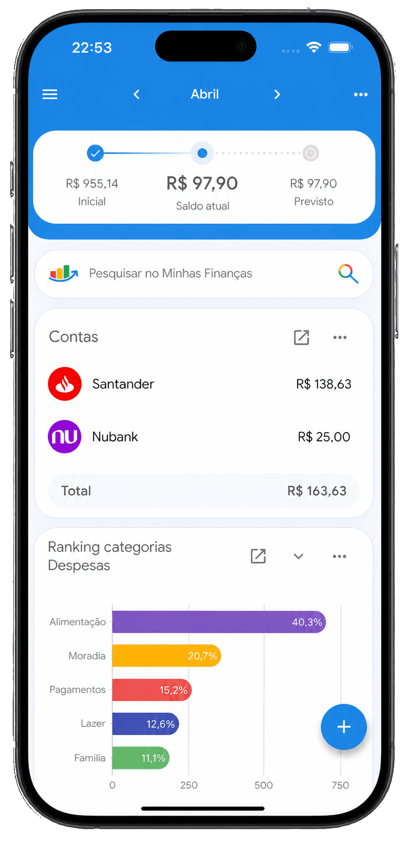 Aplicativo Minhas Finanças no celular