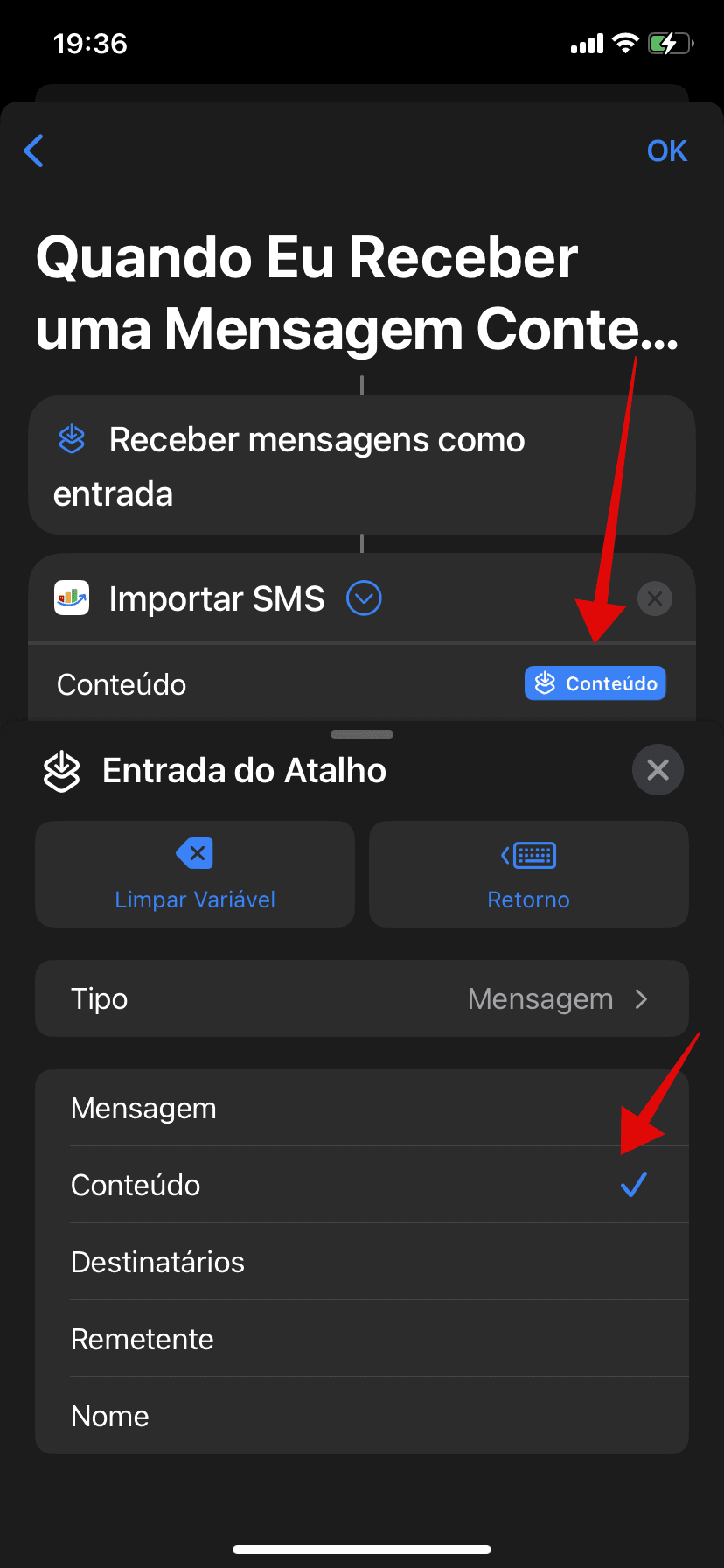 Ação Importar SMS configurada para receber o conteúdo da Entrada do Atalho.