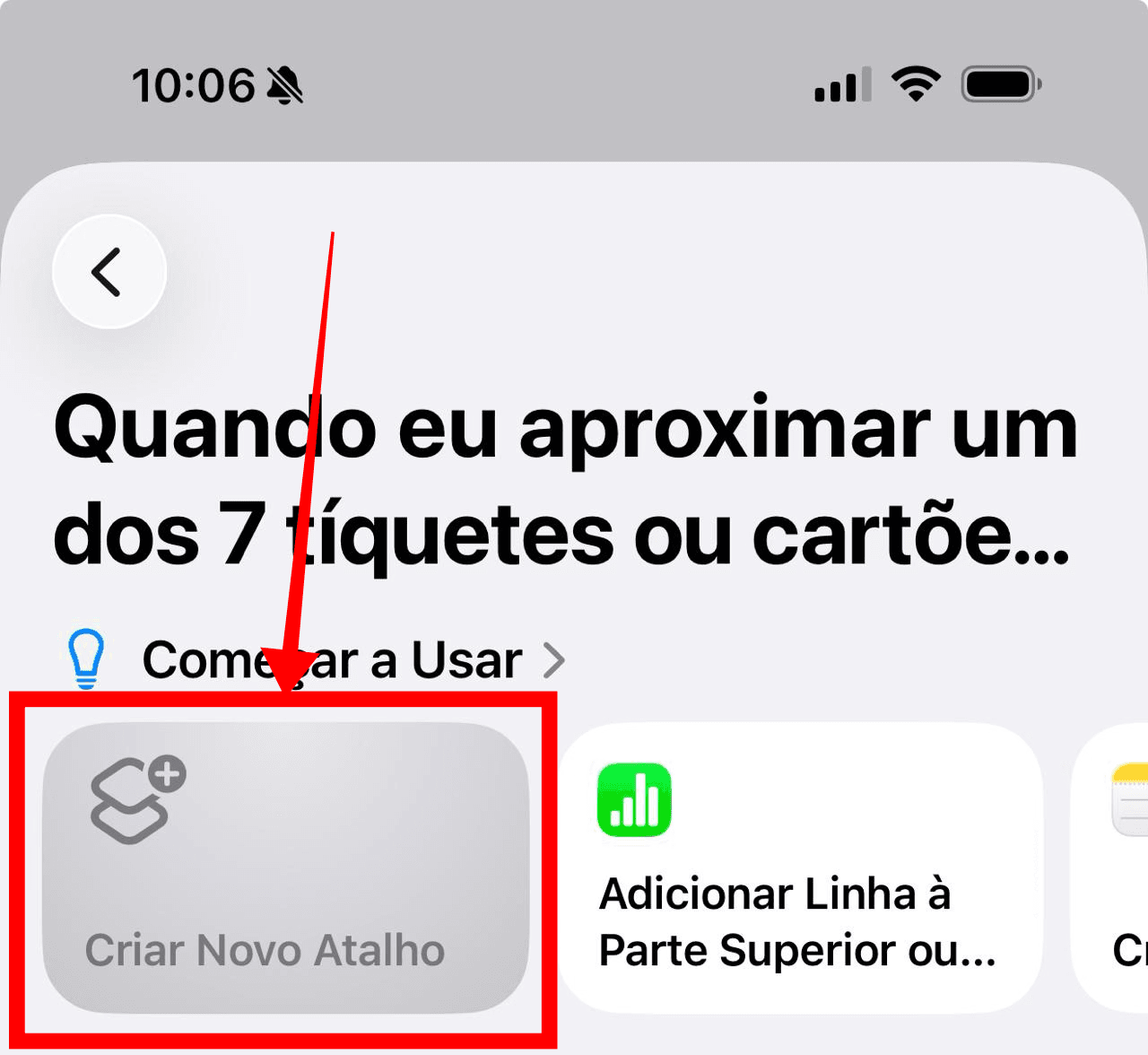 Tela da nova automação com a opção Criar Novo Atalho destacada.