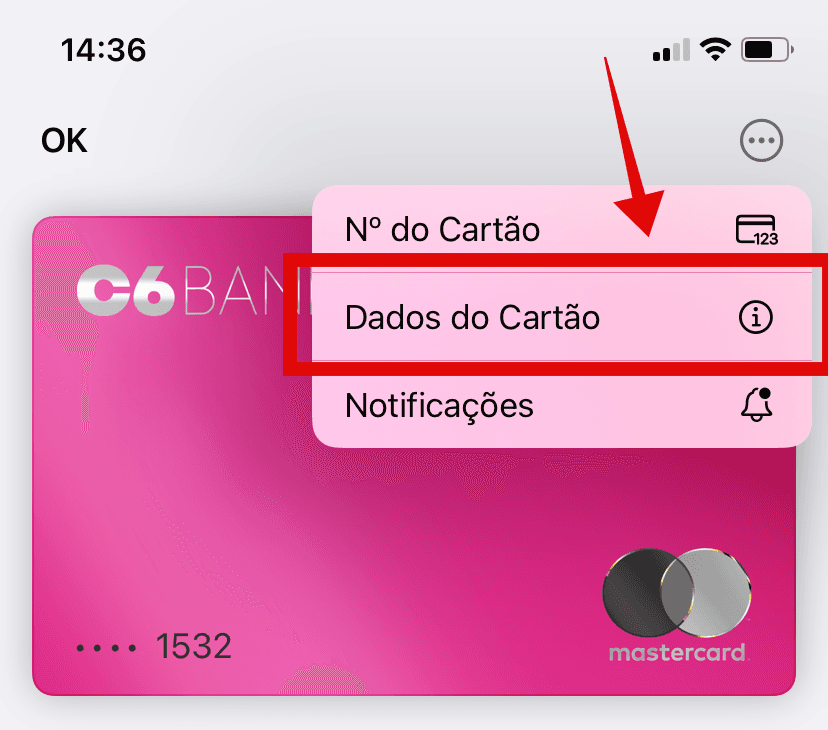 Menu do cartão na Carteira do iPhone com a opção Dados do Cartão destacada.
