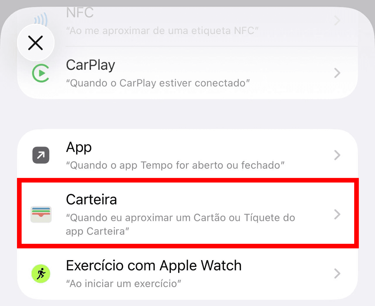 Lista de gatilhos do app Atalhos com a opção Carteira destacada.
