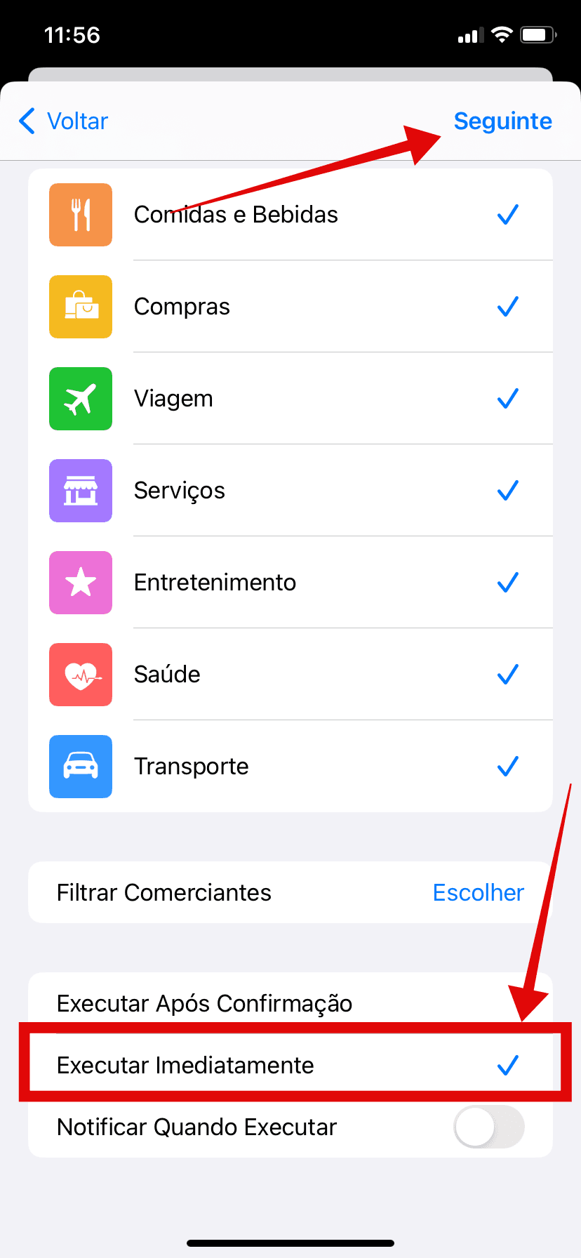 Configuração da automação da Carteira com cartões selecionados e Executar Imediatamente marcado.