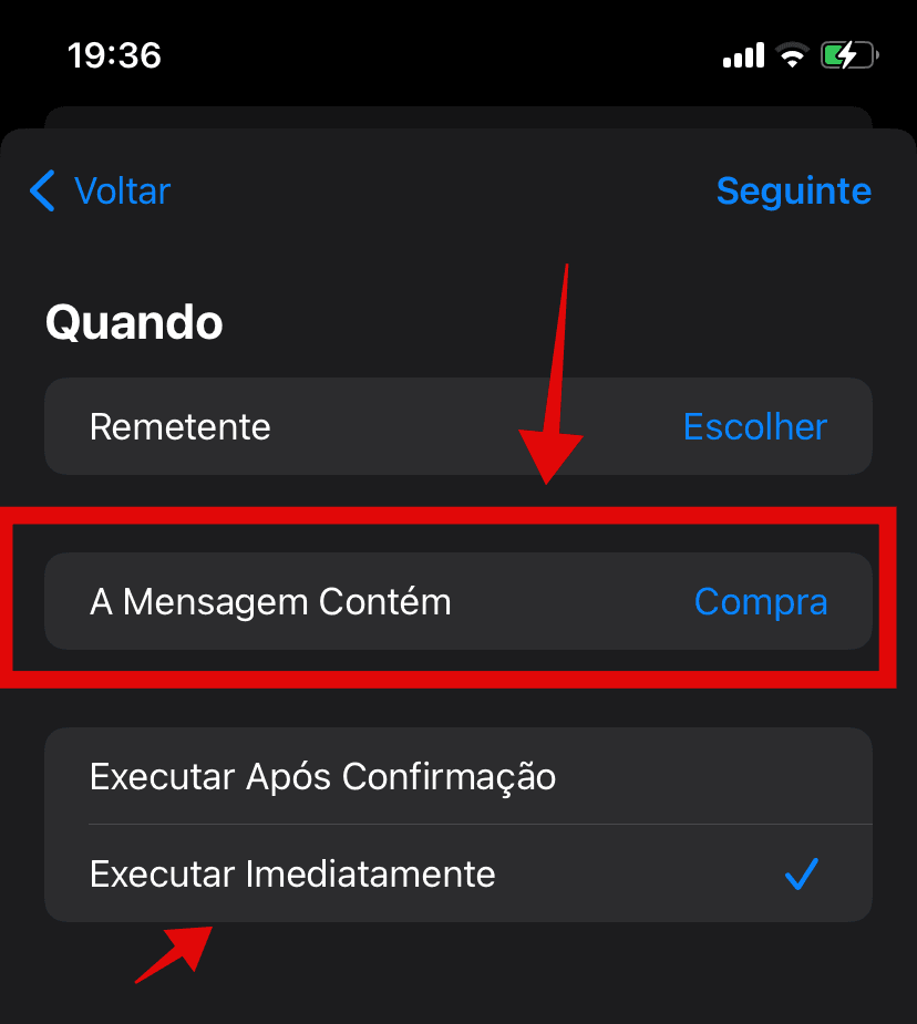 Configuração do gatilho de mensagem com o filtro Compra e Executar Imediatamente marcado.