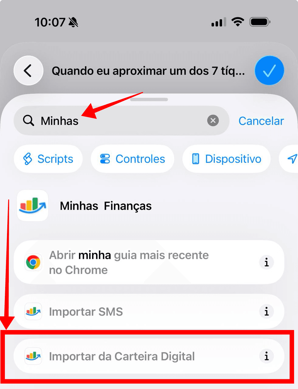 Busca de ações do Minhas Finanças no Atalhos com Importar da Carteira Digital destacada.