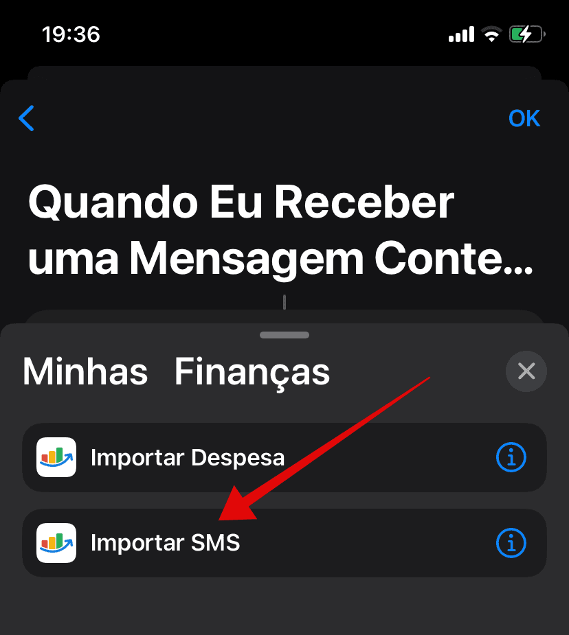 Lista de ações do Minhas Finanças com Importar SMS destacada.