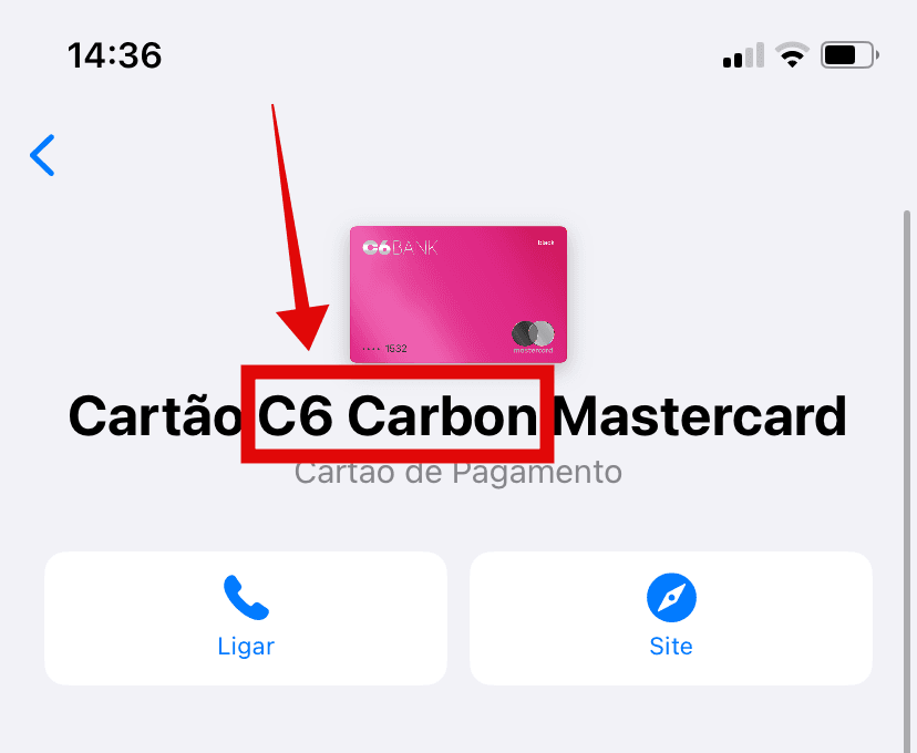 Tela de dados do cartão na Carteira mostrando o nome C6 Carbon Mastercard.