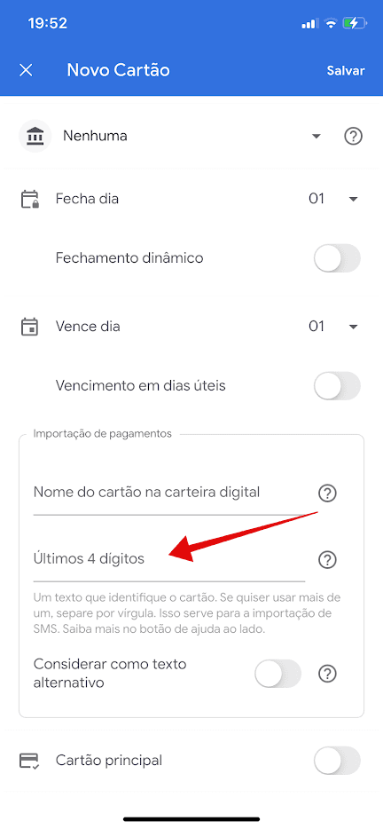 Cadastro de cartão no Minhas Finanças com os campos de nome na carteira digital e últimos quatro dígitos.