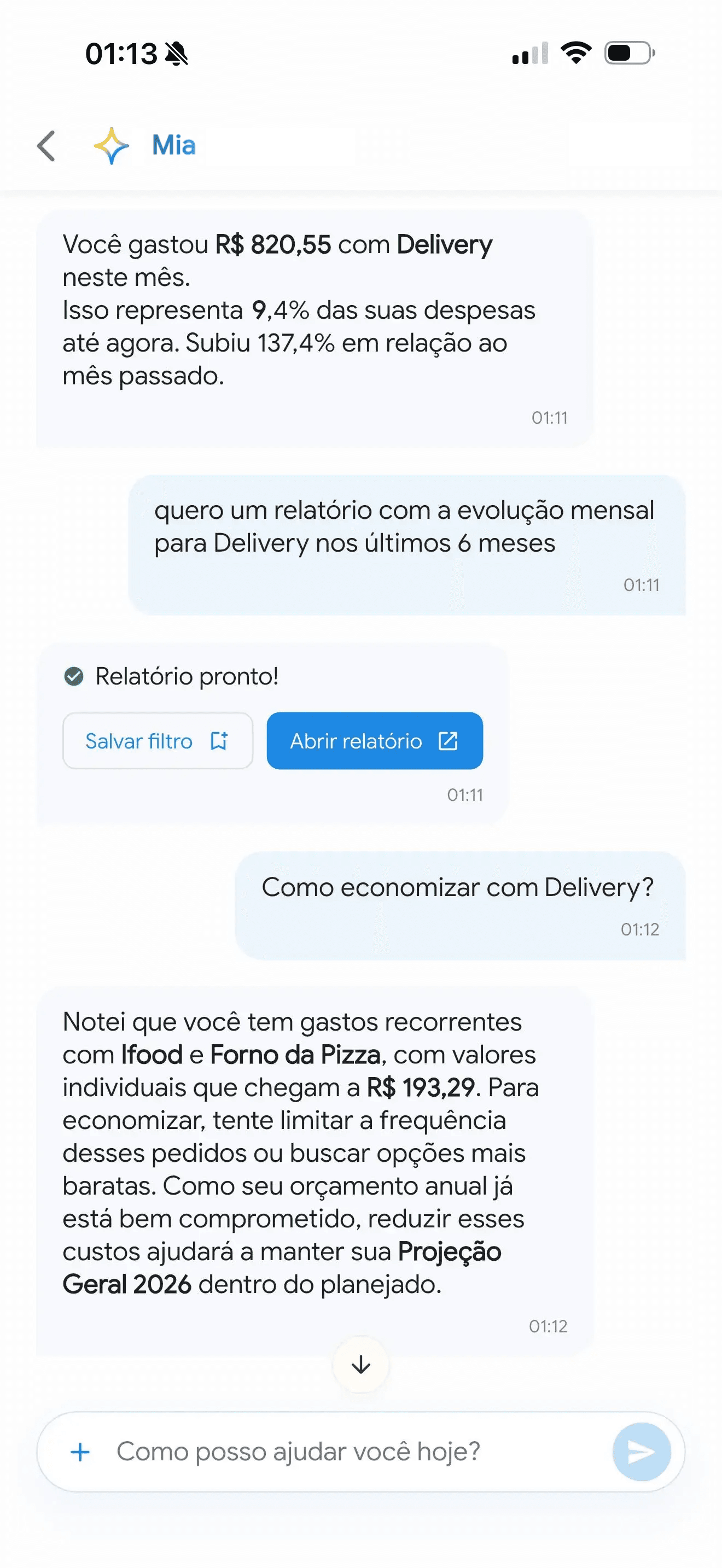 Conversa detalhada com a Mia no aplicativo
