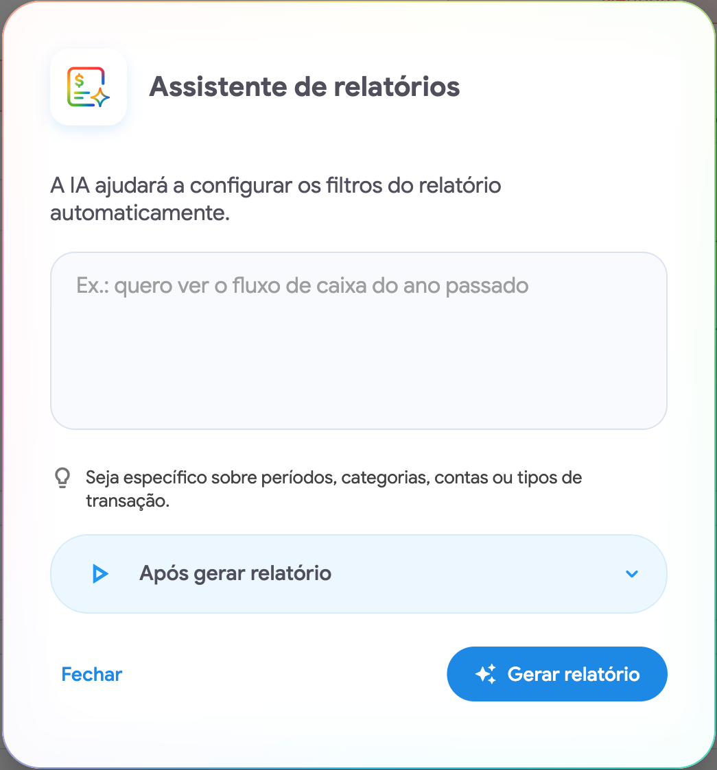 Modal do assistente de relatórios configurando filtros