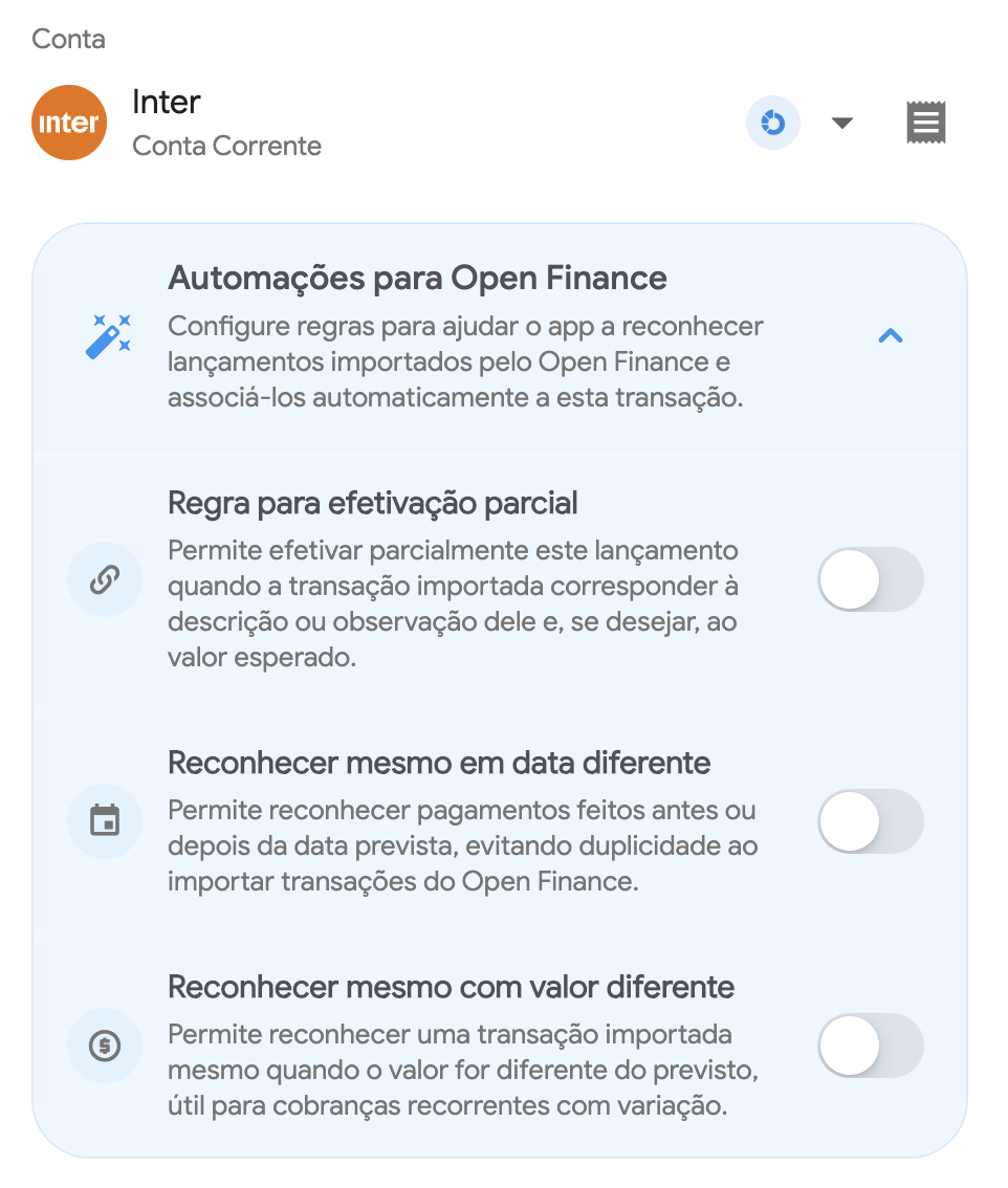 Tela do app com automações para Open Finance em uma conta
