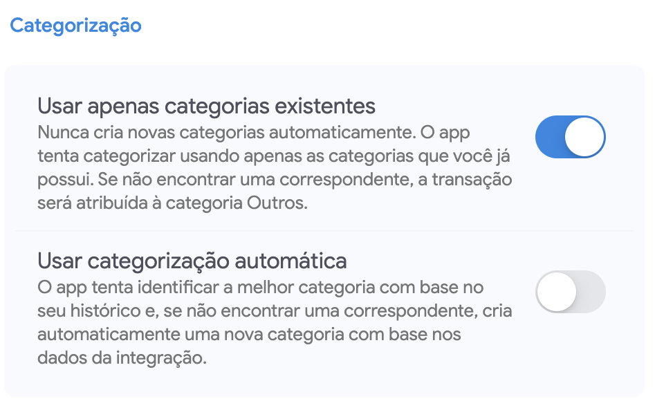 Tela do app com configurações de categorização para Open Finance
