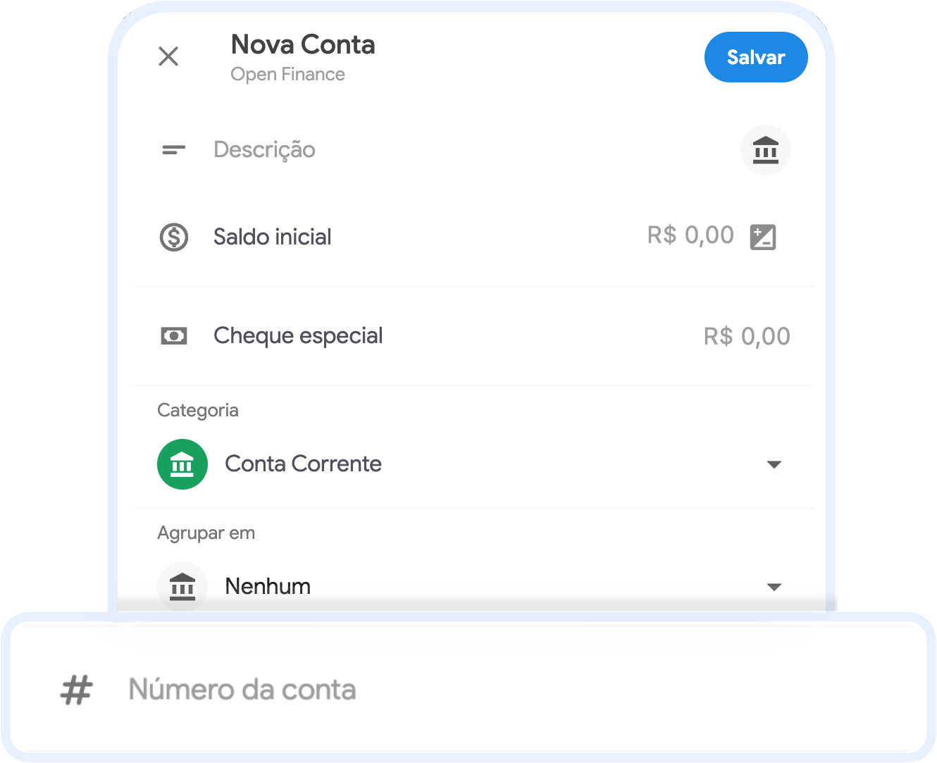 Tela de conta mostrando o campo número da conta em destaque